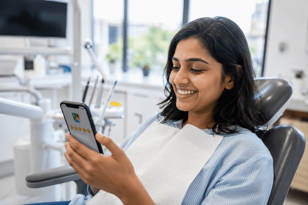 Indian dental patient smiling while leaving a 5 star Google review on smartphone in Bangalore clinic