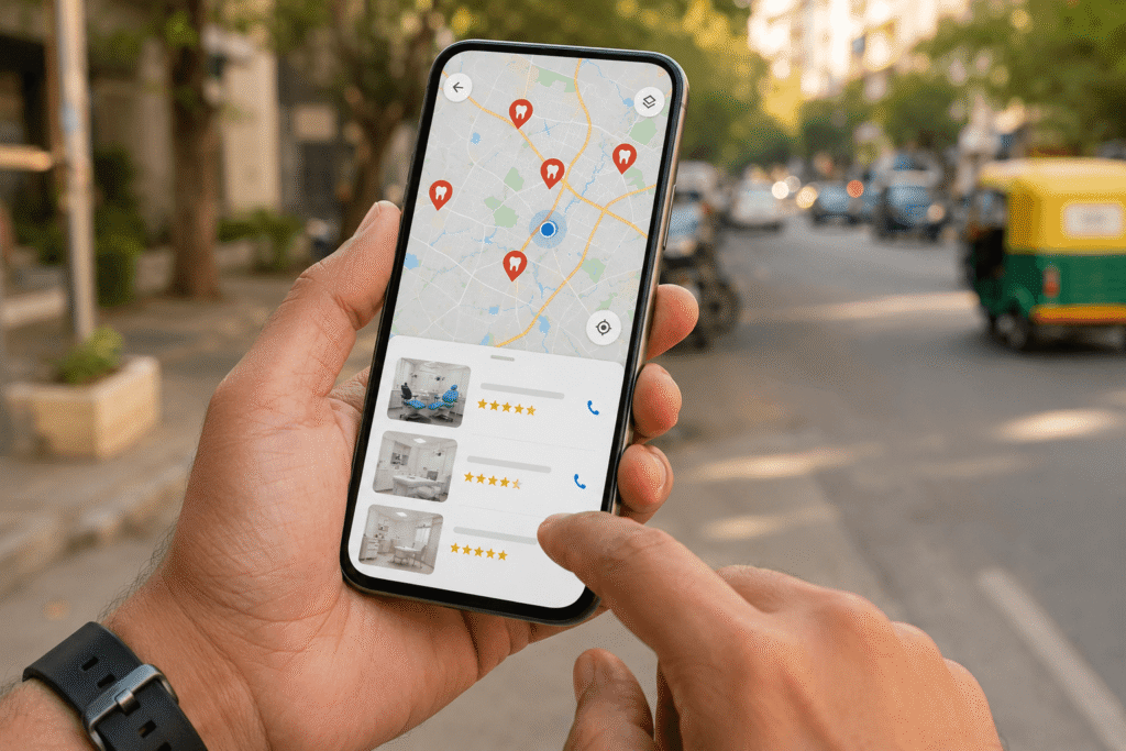 Google Maps showing dental clinic local SEO results in Bangalore neighbourhood