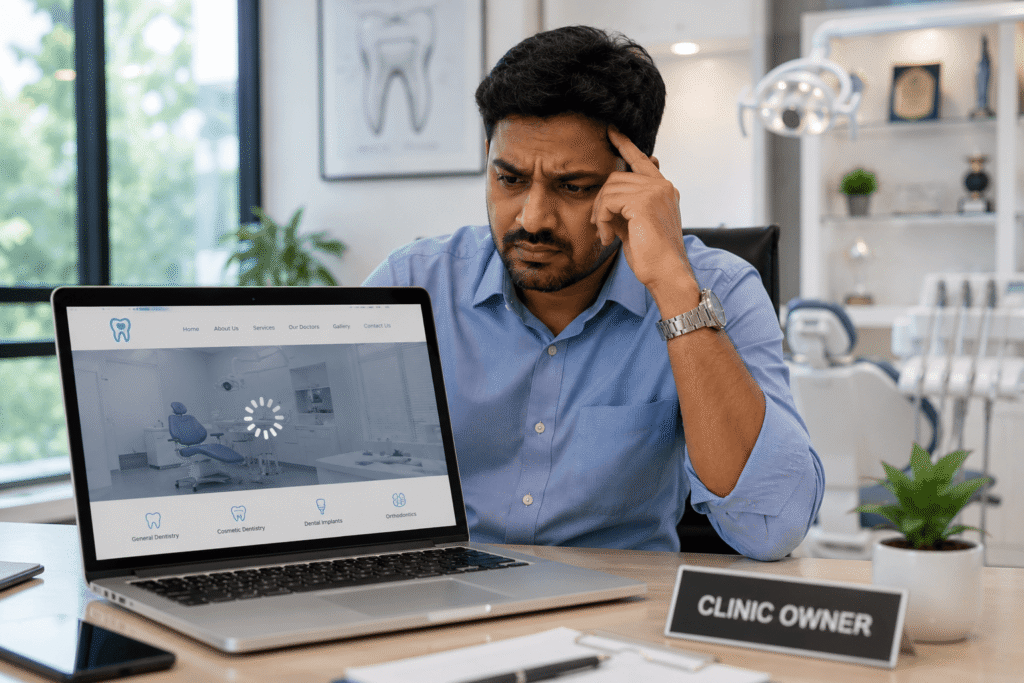 Dental clinic owner reviewing website mistakes on laptop in Bangalore
